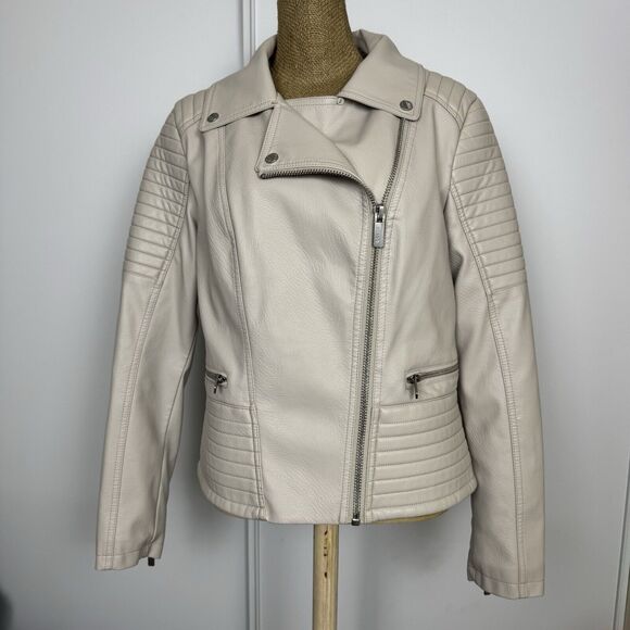Women's GUESS Faux Leather Asymmetrical Moto Jacket Size M Cream‎ Ivory - Picture 5 of 16